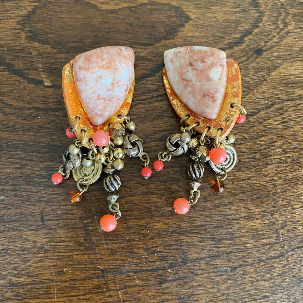 Vintage 80s Clip On Earrings Chunky Charm Stone Pink Triangle Swirl Beads